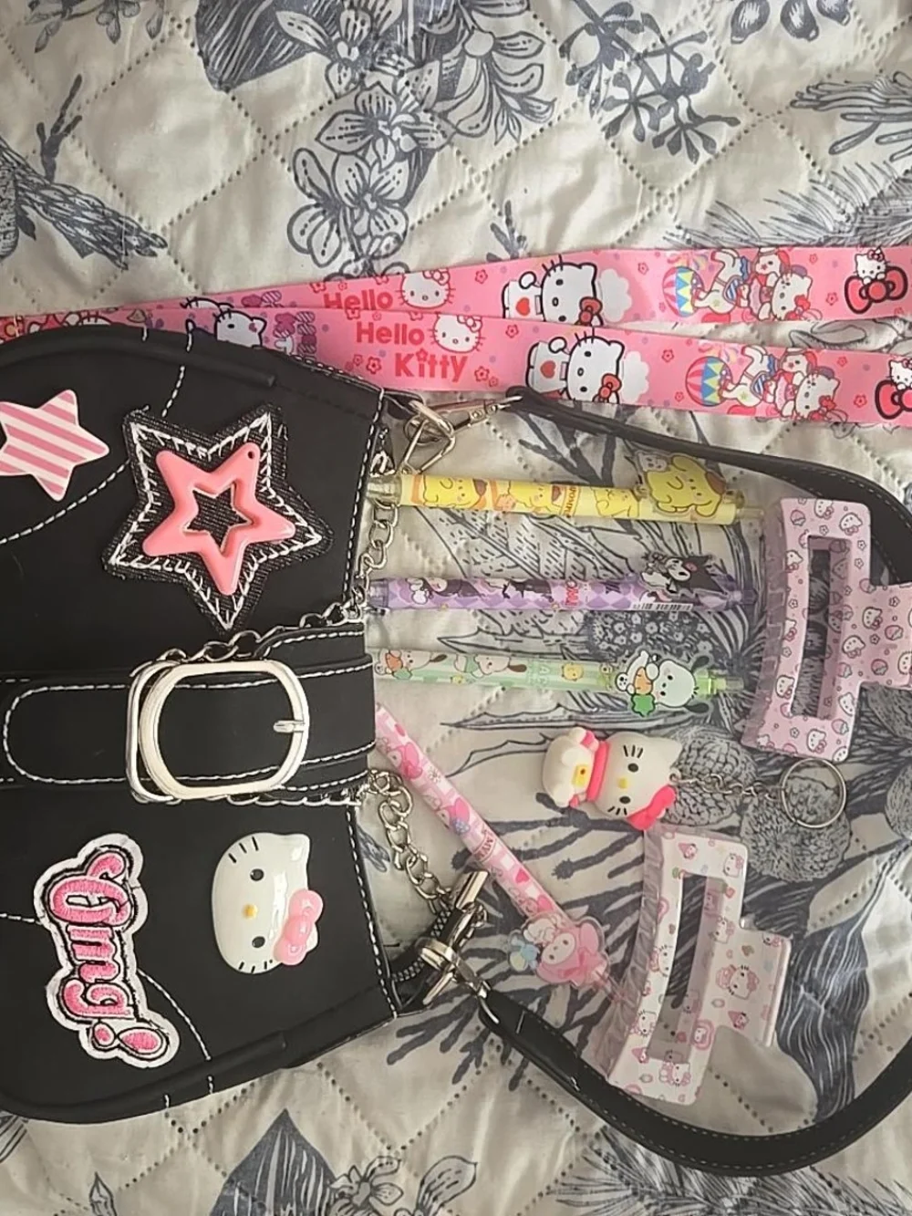 Hello Kitty Black and Pink Hair Clips And Pens Bundle